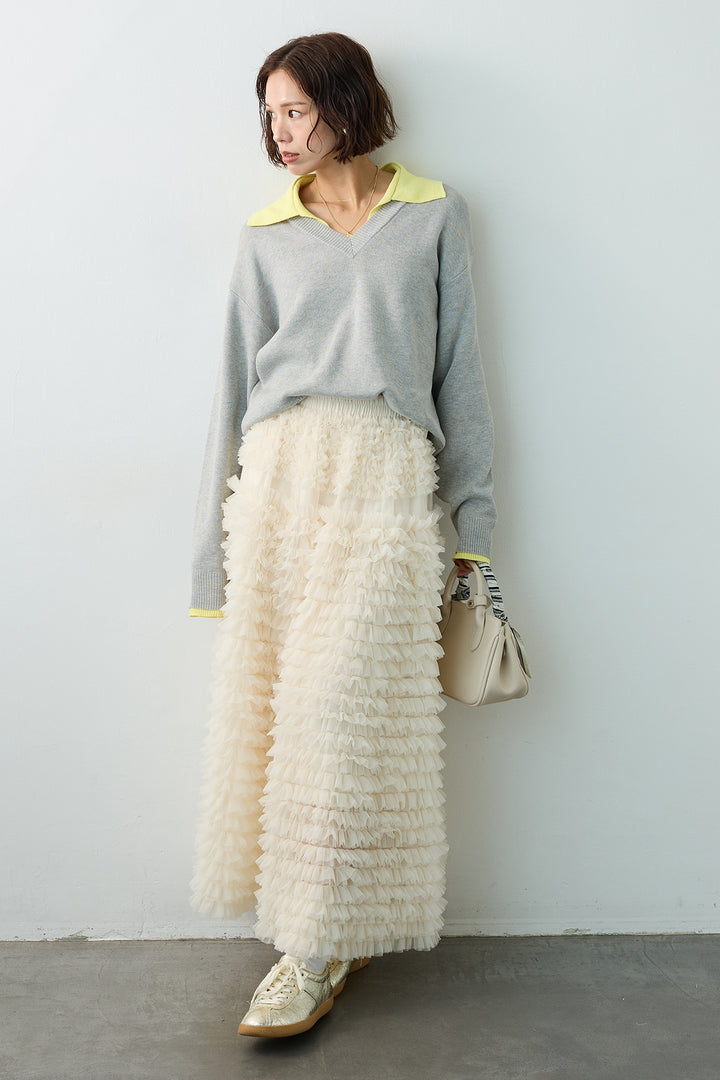 [予約/SET]配色襟レイヤード風ニット+ホイップチュールティアードスカート(2set)