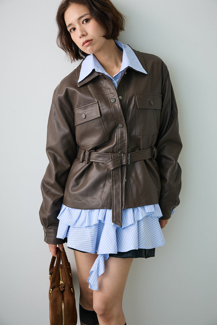 [予約/SET]ストライプフリルヘムシャツチュニック+レザーライクウエストシェイプジャケット(2set)