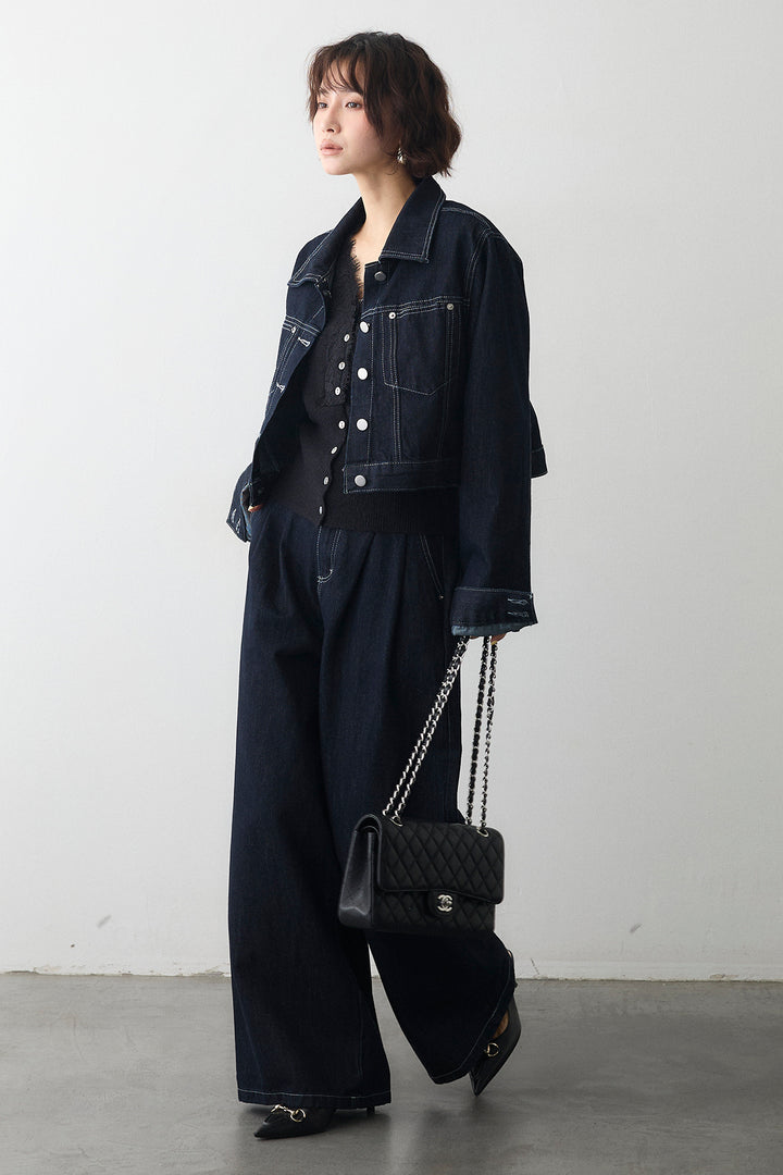 [予約/SET]レースVラインボタンニット+クロップドデニムセットアップ(2set)