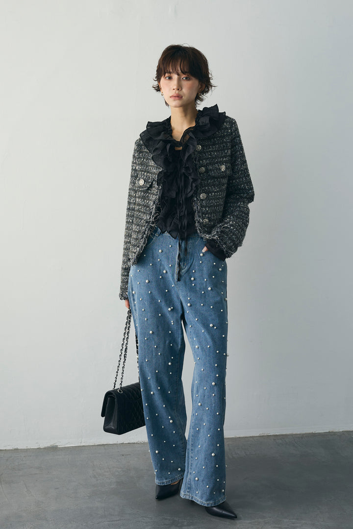 [予約]ランダムパールハイウエストストレートデニム