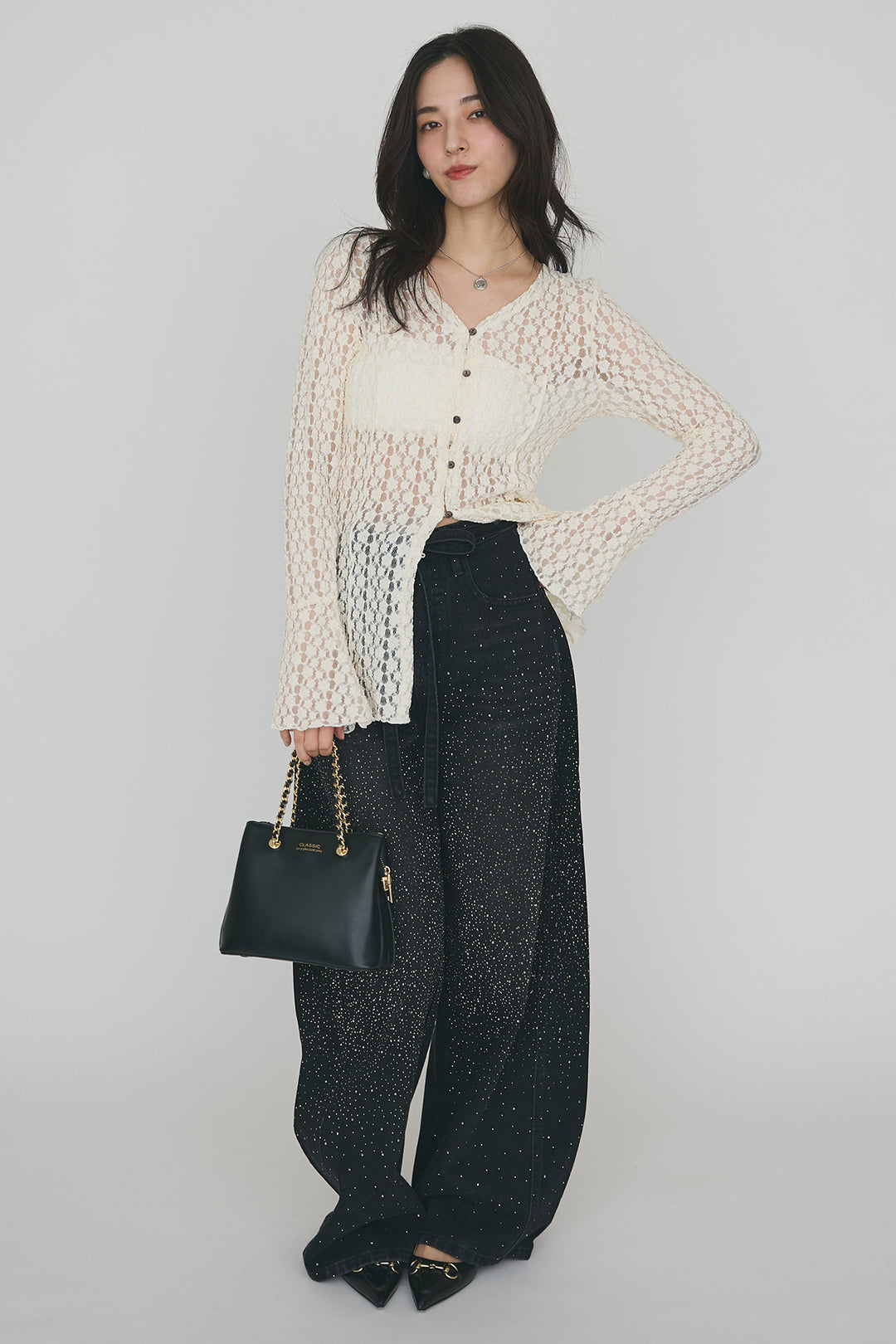 [予約/SET]カットレースフラワーVネックカーデ+ラインストーン美ラインデニム(2set)