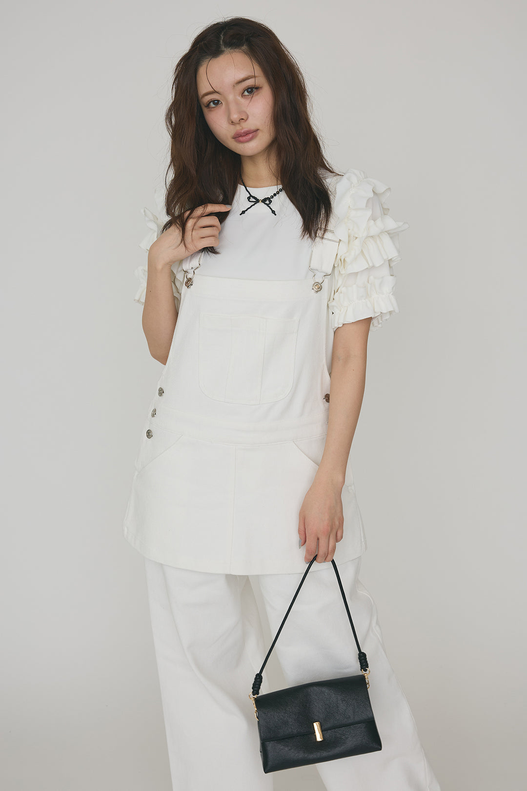 [予約/SET]フリルスリーブプルオーバーブラウス+エプロンデニムサロペ(2set)