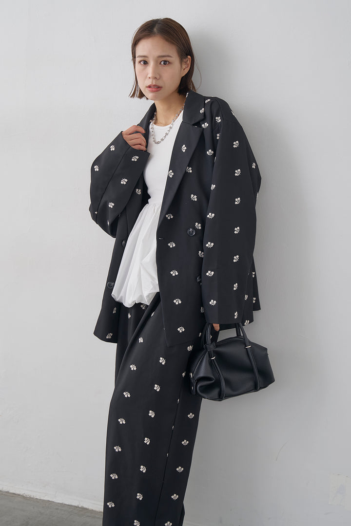 [予約/SET]フラワー刺繍ツイルテーラードジャケット+フラワー刺繍ツイルストレートパンツ(2set)