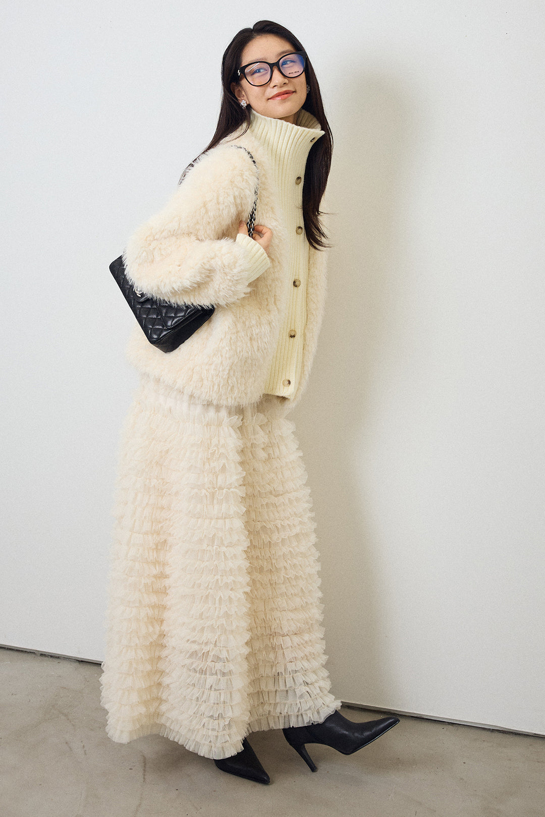 [予約/SET]シャギーファー×リブニットミックスジャケット+ホイップチュールティアードスカート(2set)