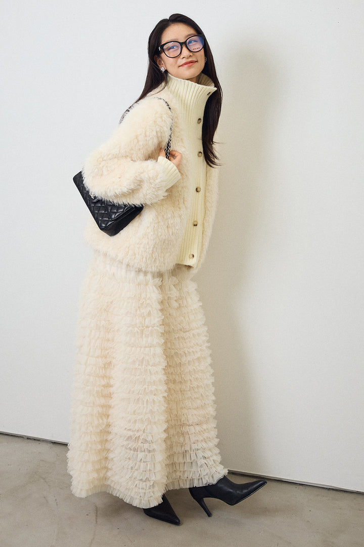 [予約/SET]シャギーファー×リブニットミックスジャケット+ホイップチュールティアードスカート(2set)