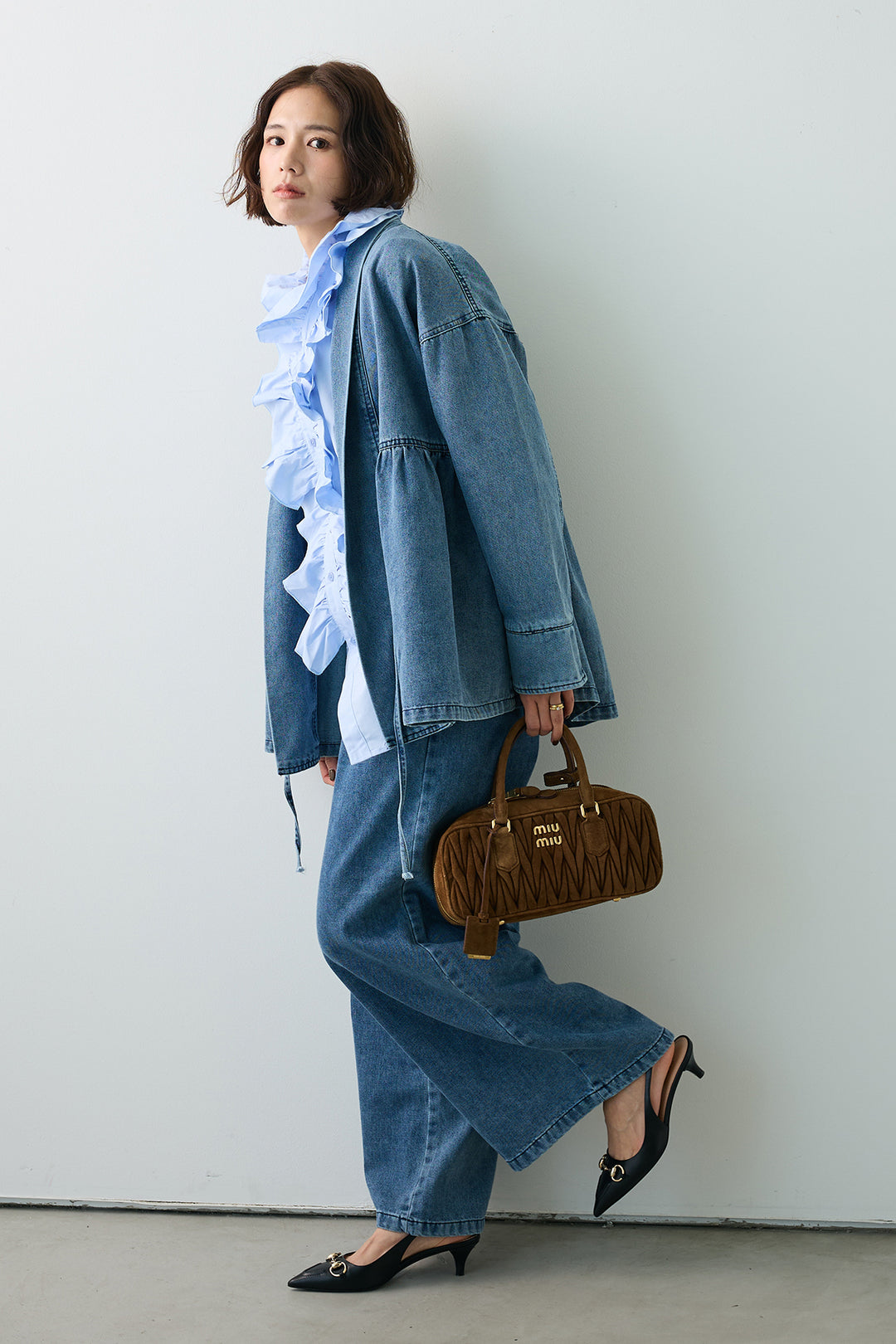 [予約/SET]ブルームカラーフリルブラウス+ノーカラーデニムルーズセットアップ(2set)