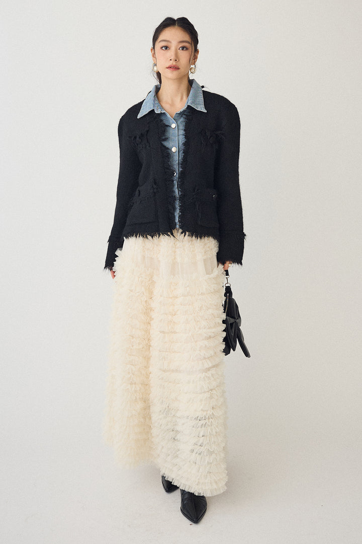 [予約/SET]デニムシャツドッキングツイードカーデ+ホイップチュールティアードスカート(2set)