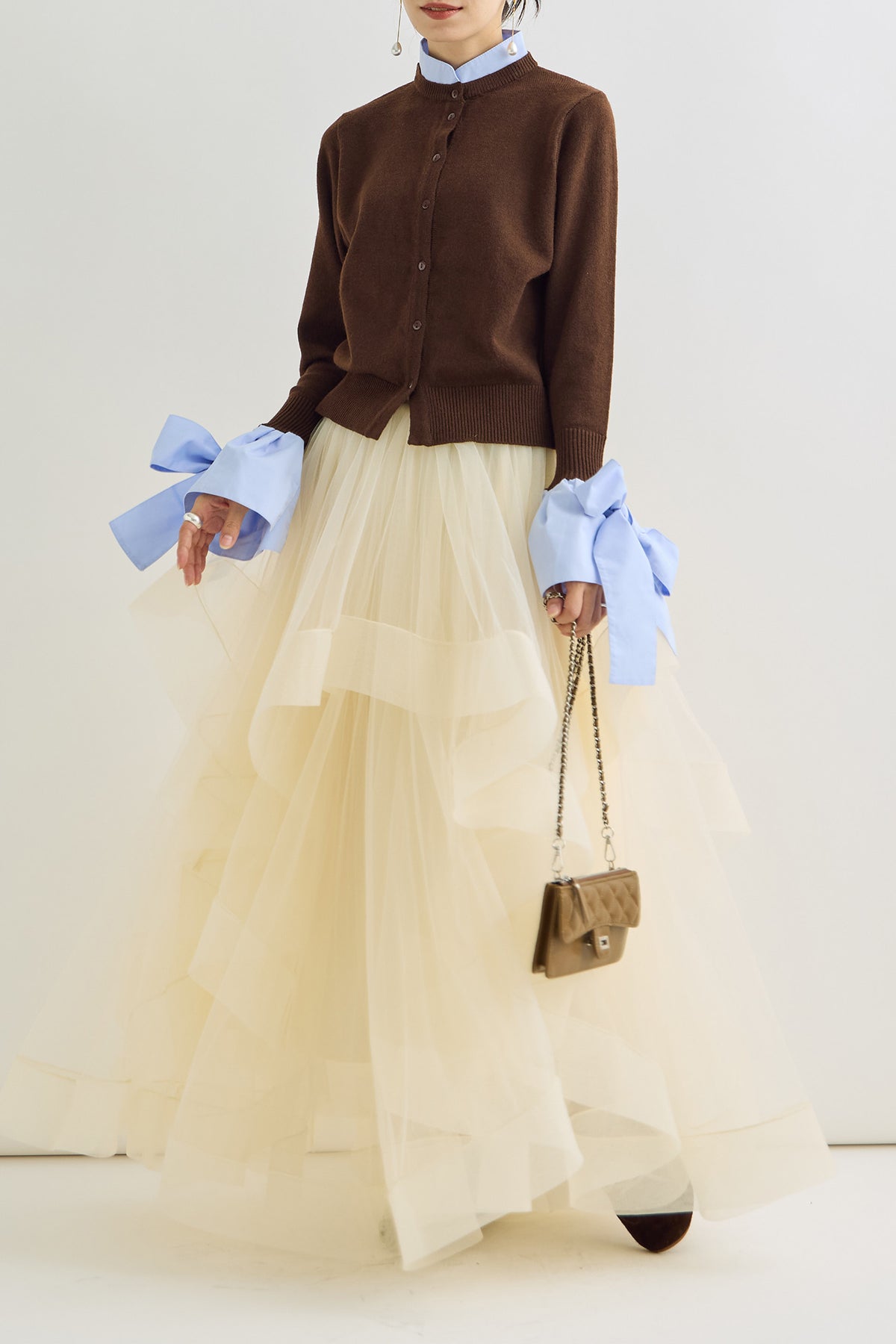 予約/SET]BIGリボンカフスデザインニットドッキングカーデ+