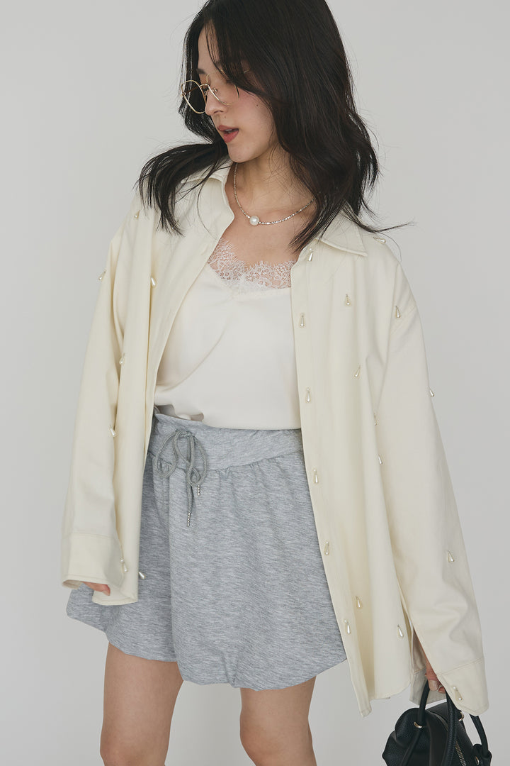 [予約/SET]雫パールデザインオーバーシャツ+スウェットバルーンスカート(2set)