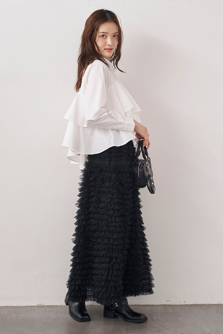 [予約/SET]アシメフリルティアードシャツ+ホイップチュールティアードスカート(2set)