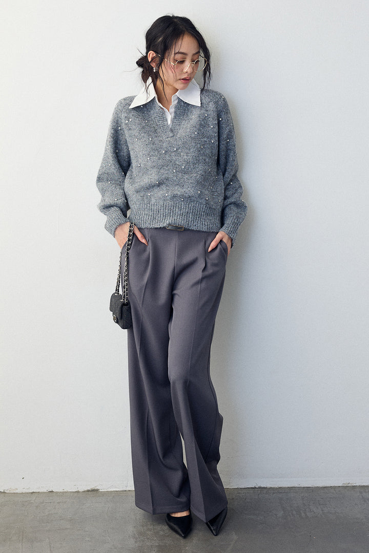 [予約/SET]シャツ襟ラインストーンニットPO+ポイントベルトセットストレートワイドパンツ(2set)