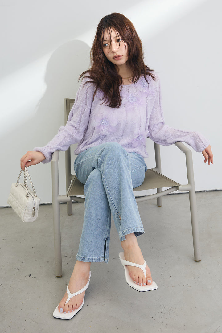 [予約/SET]フラワーモチーフ透かしニット+サイドスリットスリムデニムパンツ(2set)