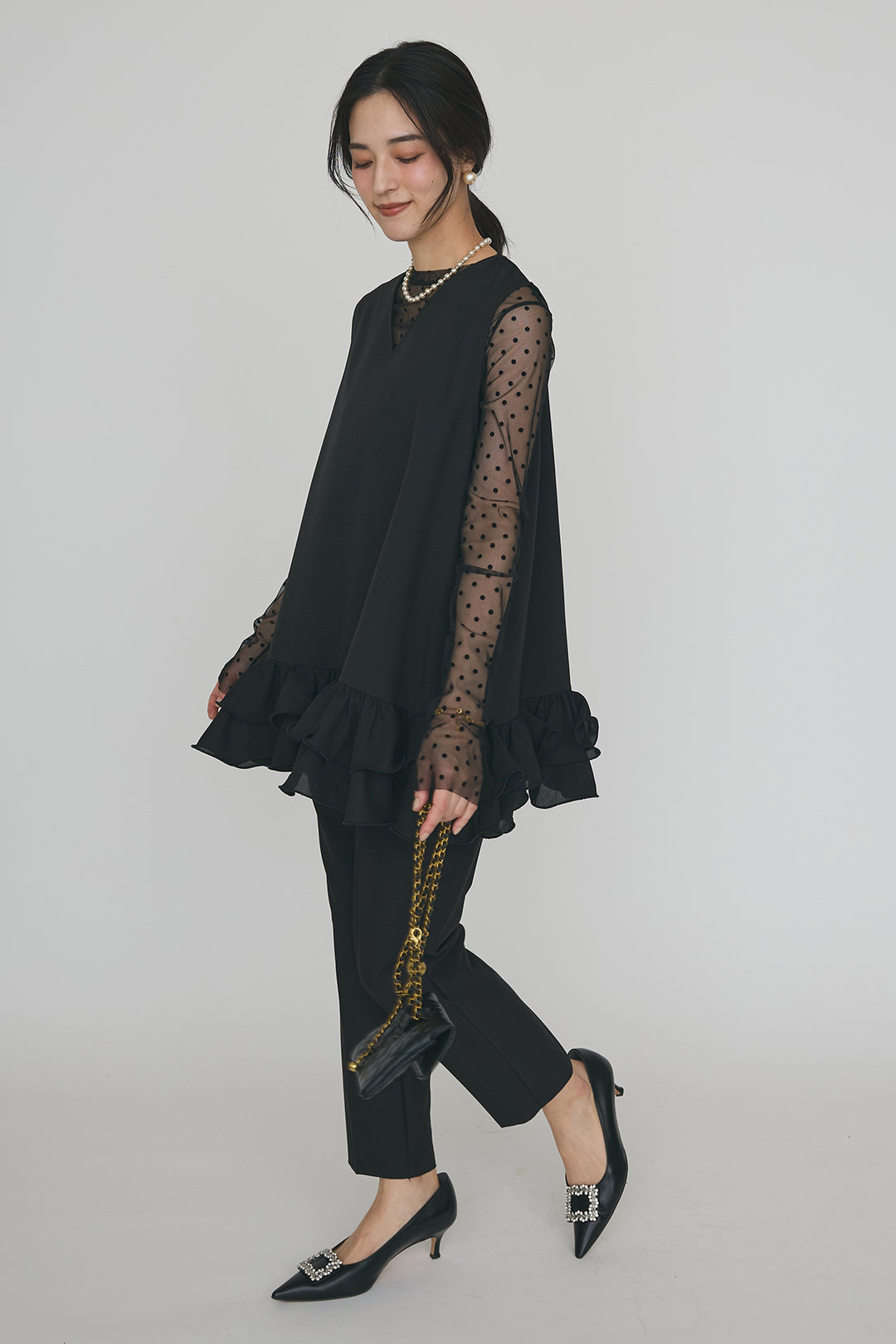 [予約/SET]異素材フリルヘムVネックチュニック+タックテーパードパンツ(2set)