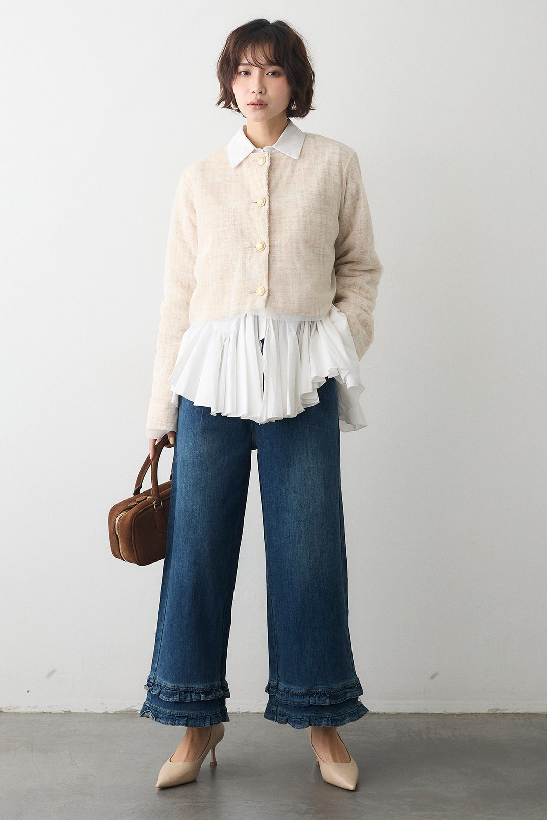 [予約/SET]パネルフレアヘムシャツ+ツイード×チュールレイヤードクロップドジャケット(2set)