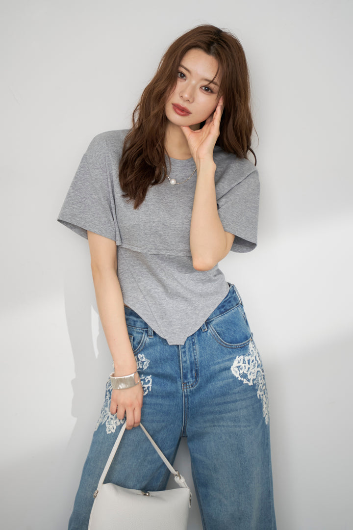 [予約/SET]バックレースアップTシャツ+レースプリントデザインデニムパンツ(2set)