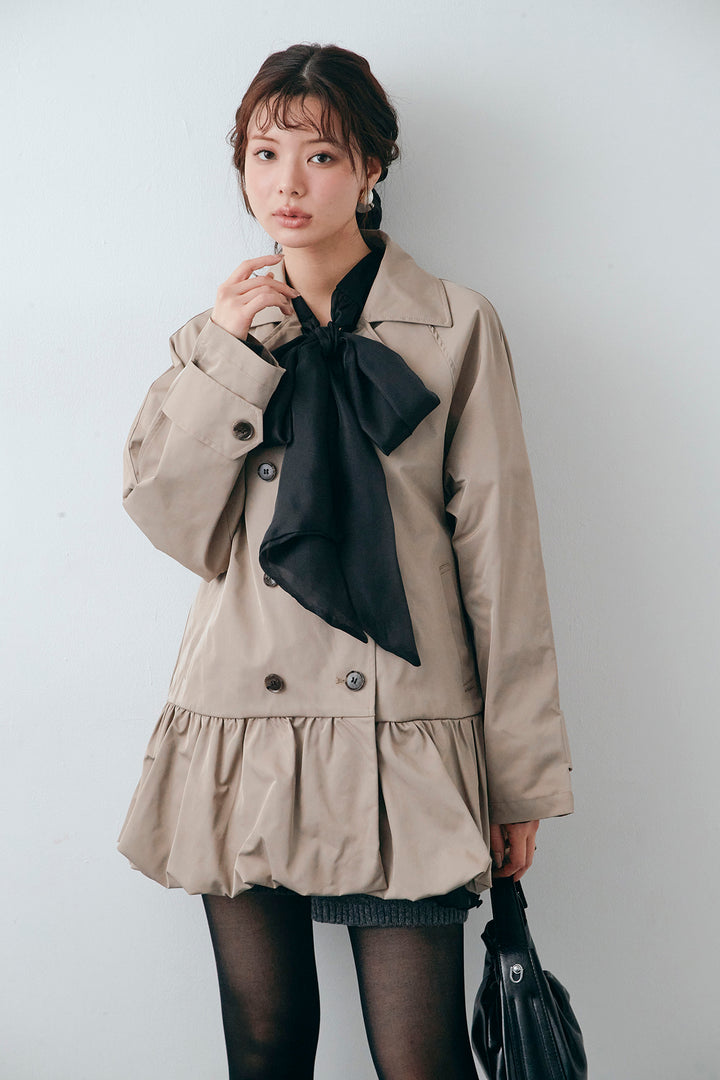 [予約/SET]フロントBIGリボンティアードエアリーチュニック+バルーンヘムミディ丈トレンチコート+メランジニットショートパンツ(3set)