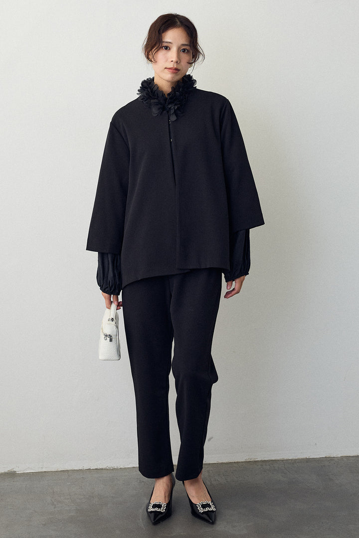 [予約/SET]フラワーフリルネックブラウス+ノーカラージョーゼットセットアップ(2set)