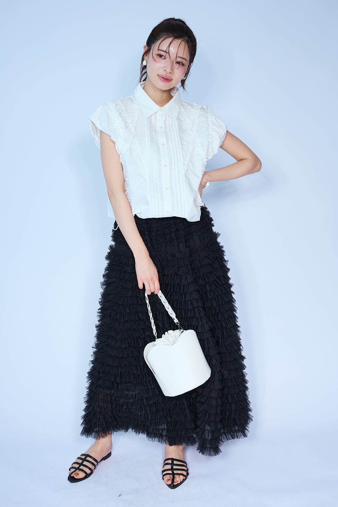 [予約/SET]ミックスフリルピンタックサイドドロストブラウス+ホイップチュールティアードスカート(2set)