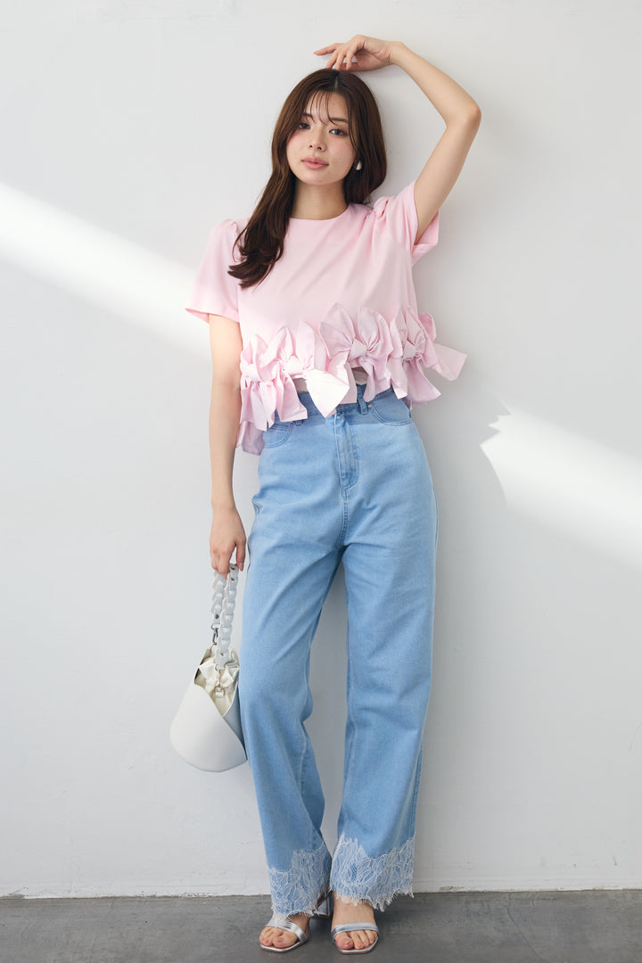[予約/SET]リボンヘムデザインTシャツ+【接触冷感】ヘムレースデニムパンツ(2set)