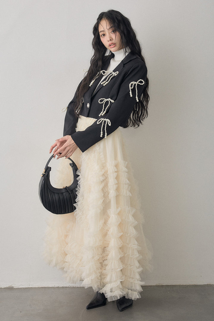 [予約/SET]パールリボンクロップドジャケット+スフレアシメチュールスカート(2set)