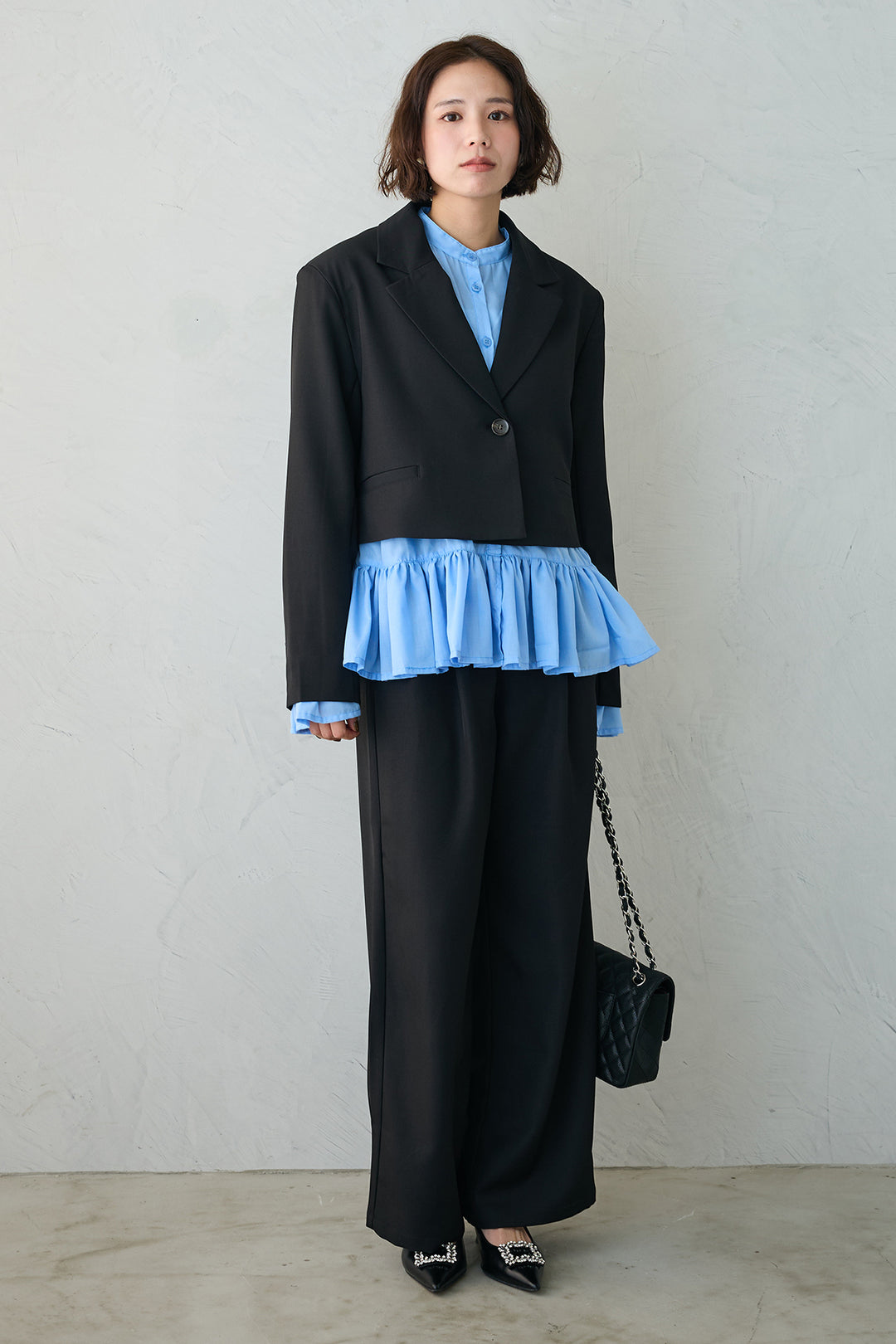 [予約/親子SET][kids]スパンコールリボンホイップチュールワンピセット+フリルヘムスリーブブラウス+クロップドマニッシュシンプルジャケット+ツイルシンプルストレートパンツ(4set)