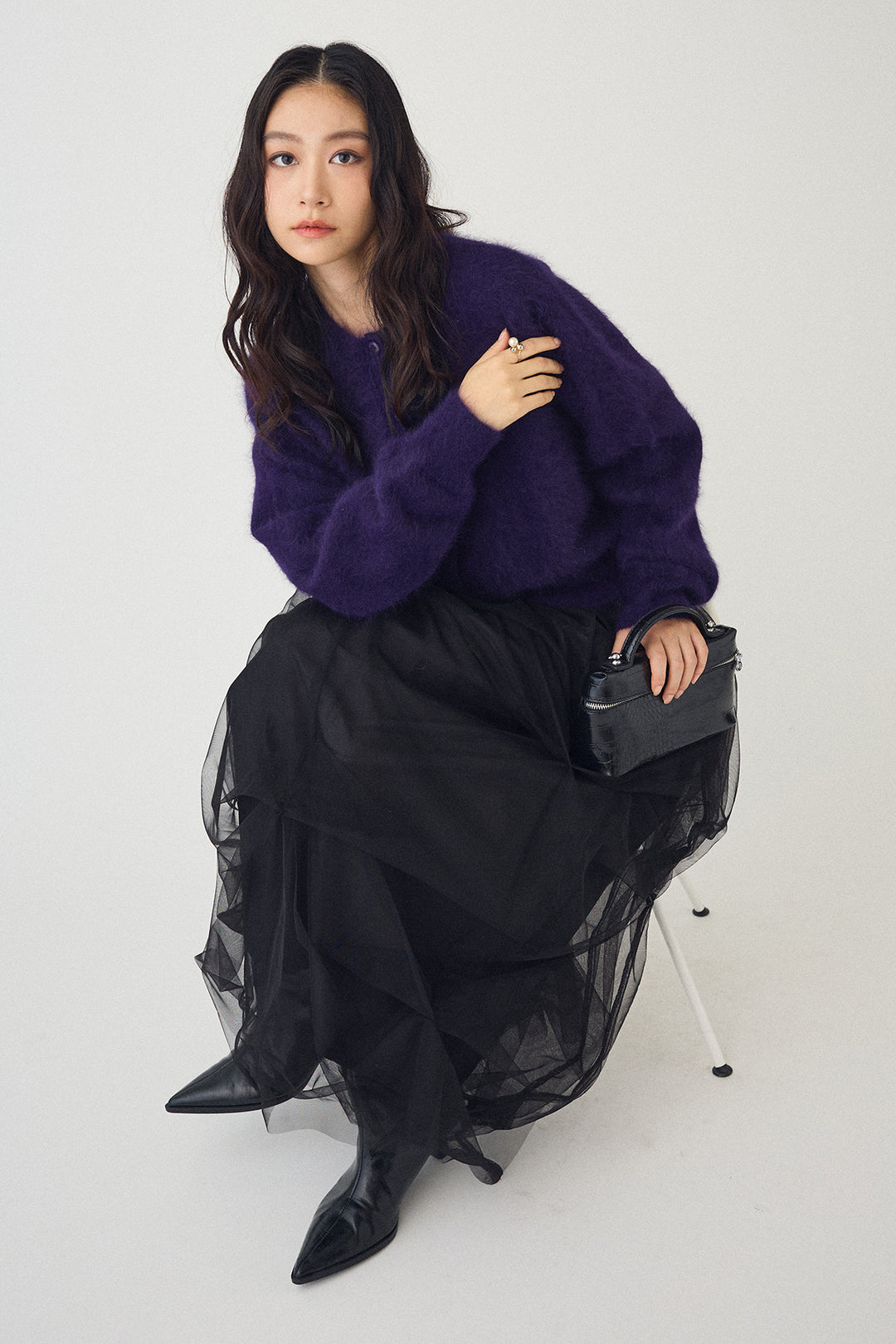 [予約/SET]ウールソフトカーディガン+マルチパターンタックチュールスカート(2set)