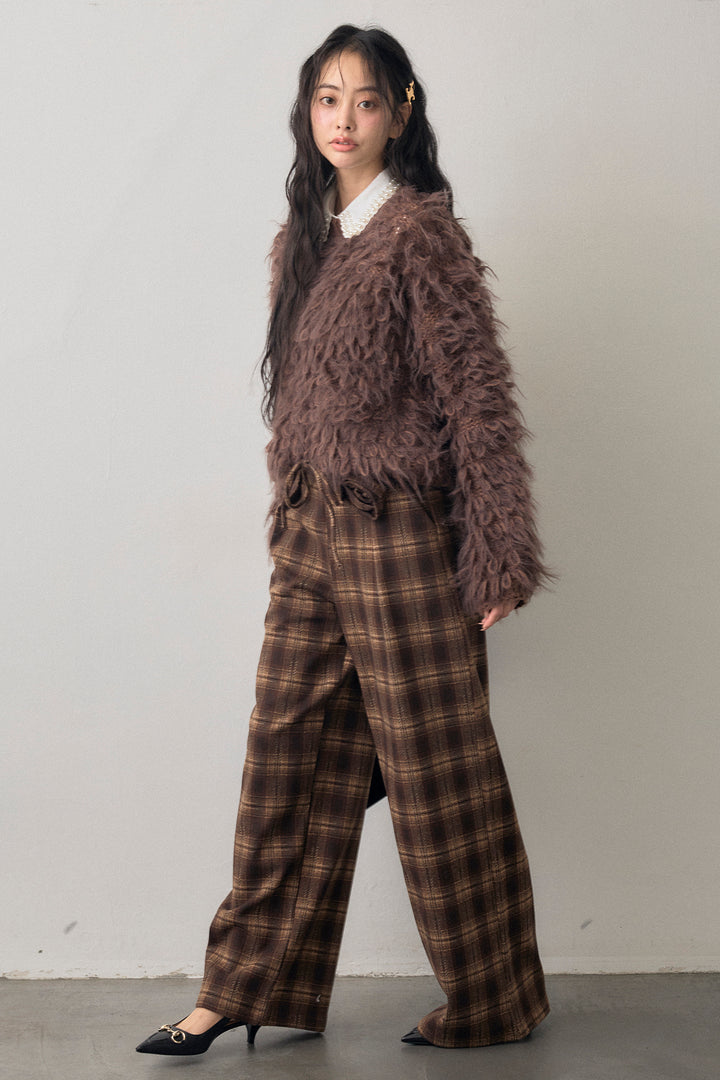 [予約/SET]ループシャプルオーバーニット+クラシカルチェックフラワーモチーフ付きパンツ(2set)