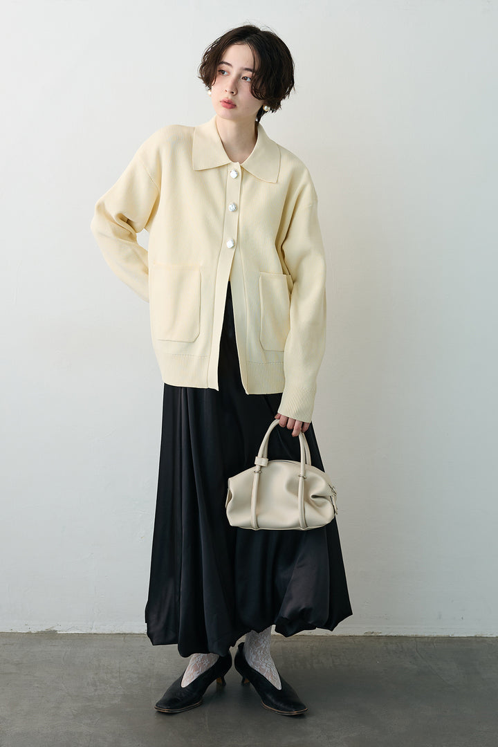 [予約/SET]メタルボタン襟付きニットカーディガン+サテンシャイニーバルーンスカート(2set)