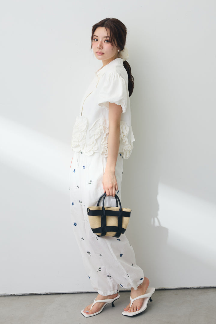 [予約/SET]フリルウェーブデニムシャツ+フラワー刺繍ローンイージーパンツ(2set)
