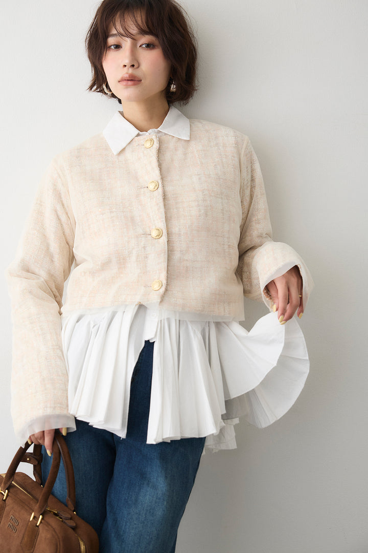 [予約/SET]ツイード×チュールレイヤードクロップドジャケット+フリルヘムデニムパンツ(2set)