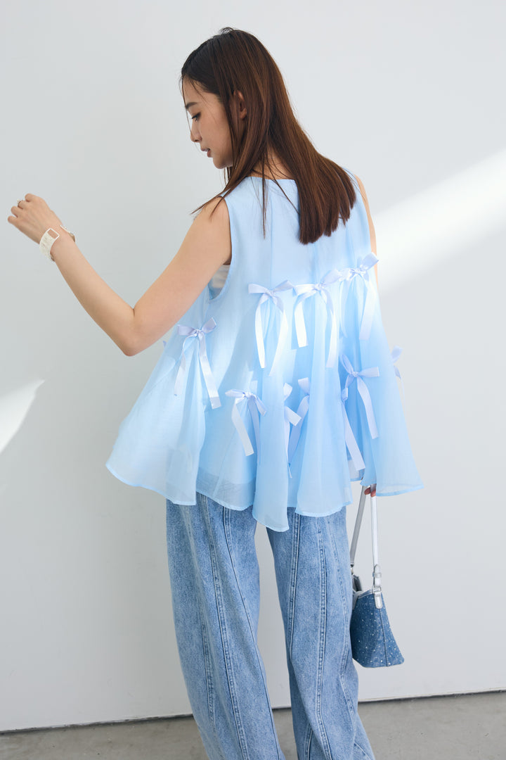 [予約/SET]リボンデコレートトップス+アイスウォッシュデニムパンツ(2set)