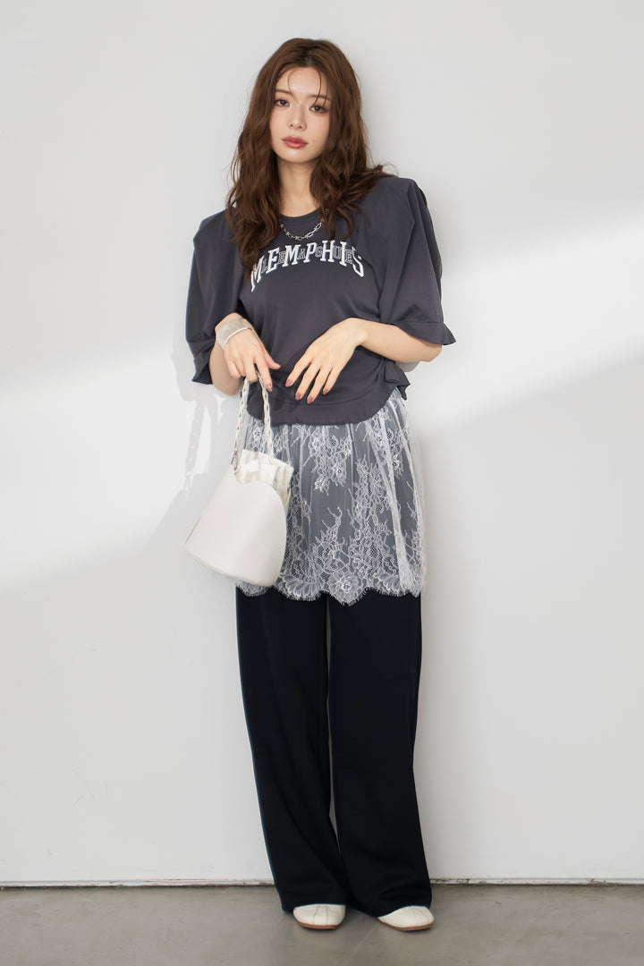 [予約/SET]ロゴパフスリーブデザインTシャツ+繊細レースレイヤードパンツ(2set)