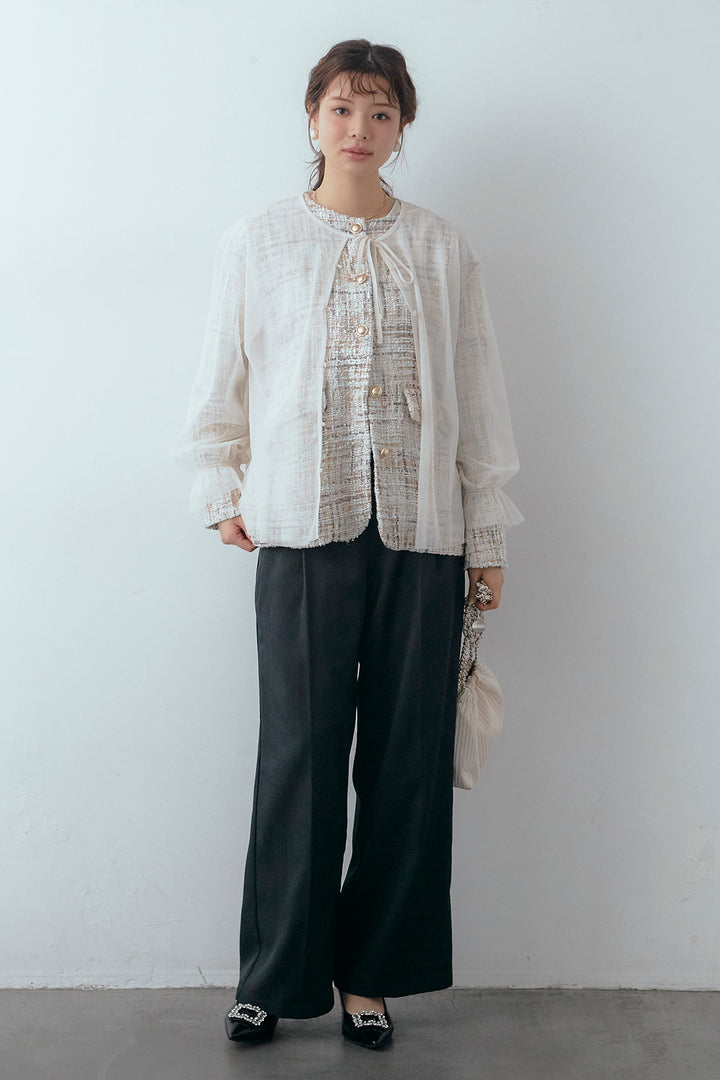 [予約/SET]2wayチュールレイヤードツイードジャケット+スプリングカラータックストレートパンツ(2set)