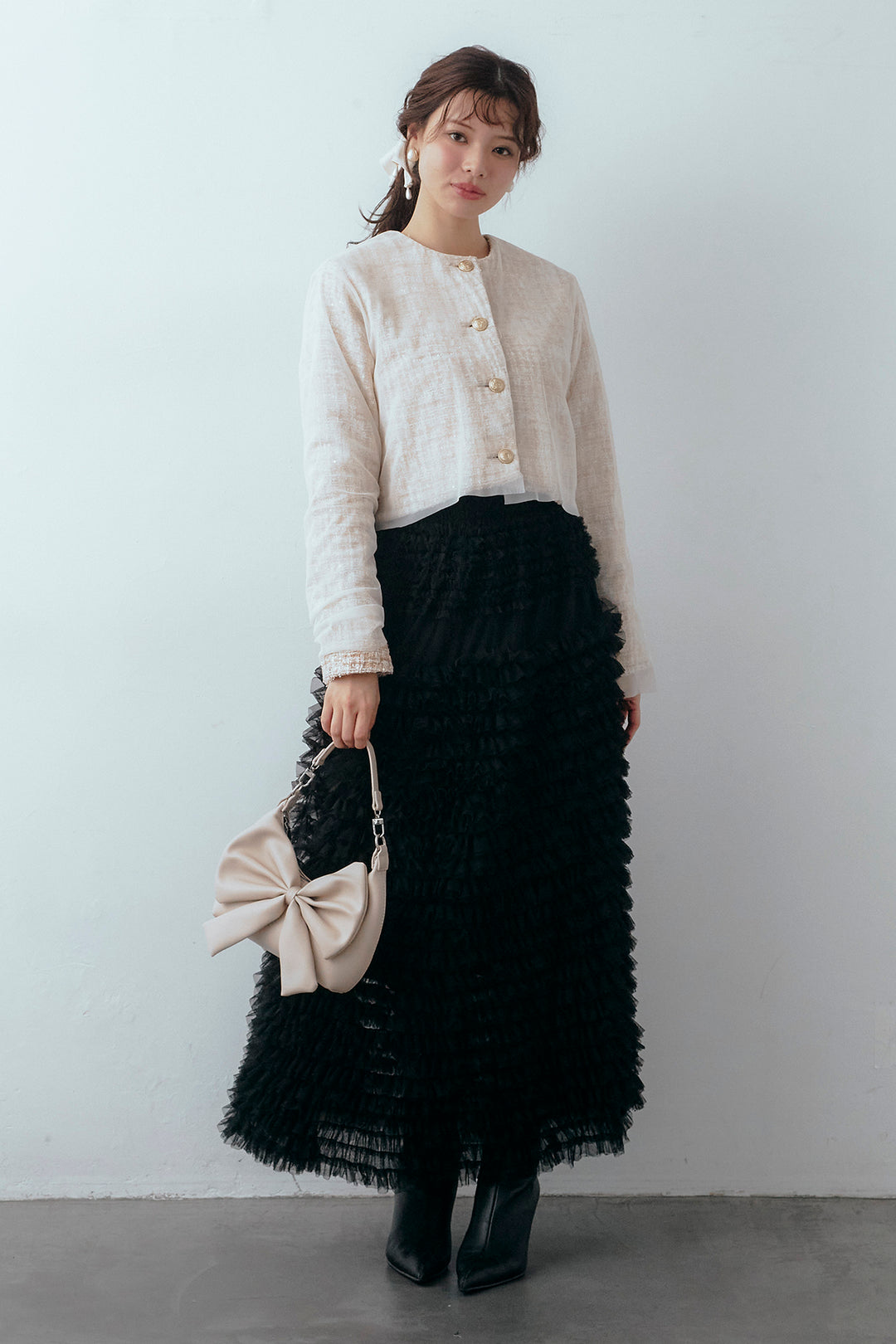 [予約/SET]ツイード×チュールレイヤードクロップドジャケット+ホイップチュールティアードスカート(2set)