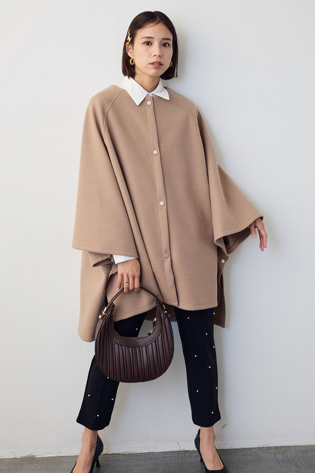 [予約/SET]ウールライクドルマンポンチョコート+センターシームランダムパールパンツ(2set)