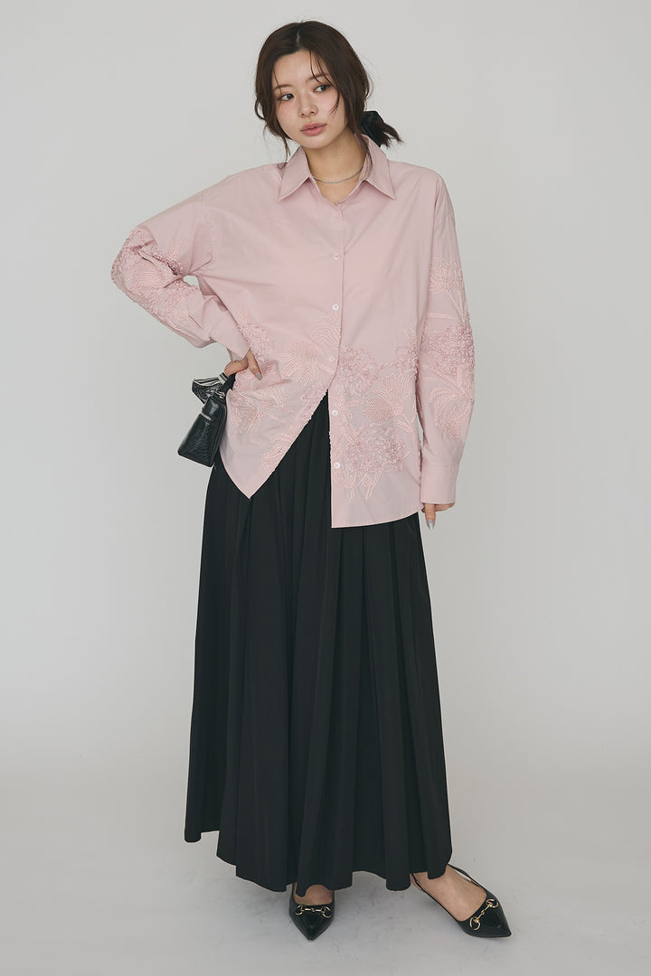 [予約/SET]フラワー刺繍モチーフオーバーシャツ+ギャザーフレア綿タッチスカート(2set)