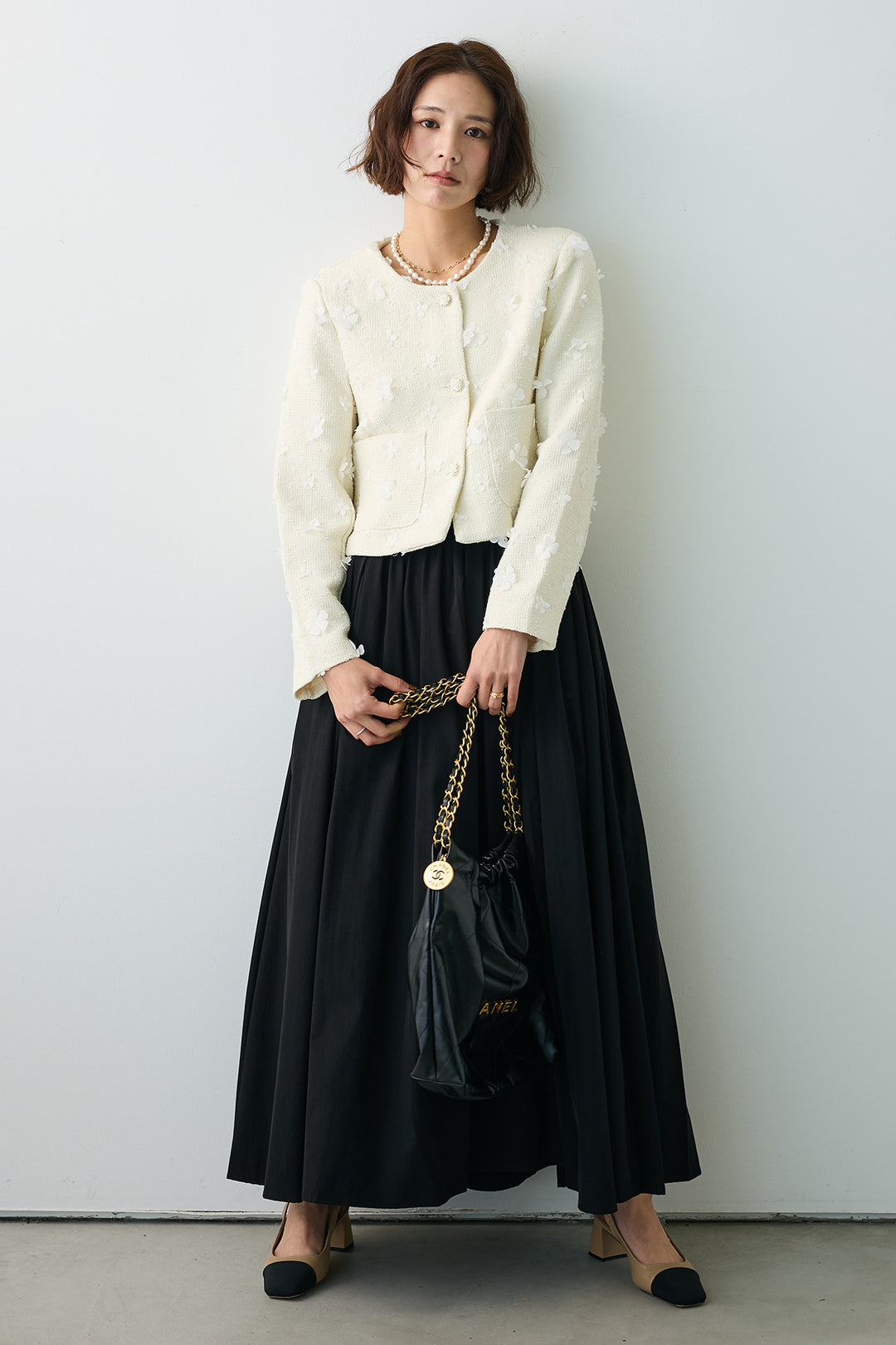 [予約/SET]フラワーモチーフツイードジャケット+ギャザーフレア綿タッチスカート(2set)