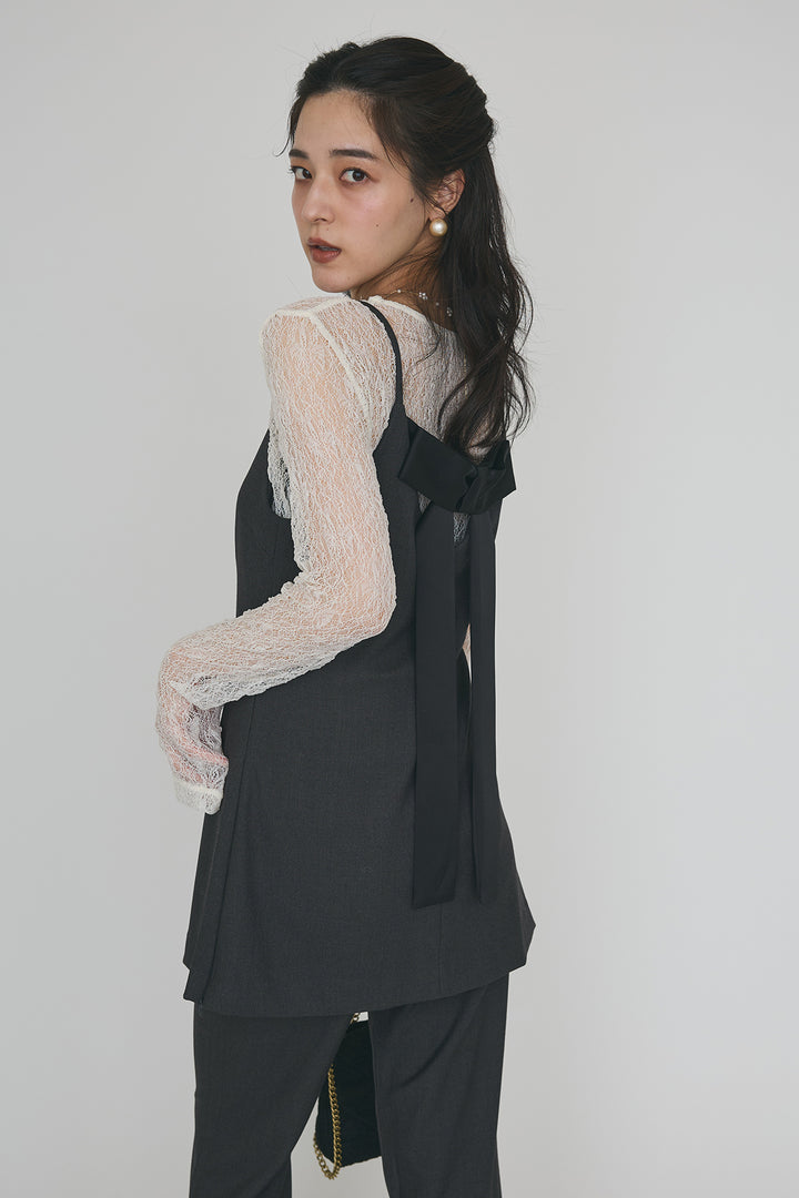 [予約/SET]ストレッチ繊細レーストップス+バックリボン美シルエットキャミチュニック+美脚セミフレアパンツ(3set)