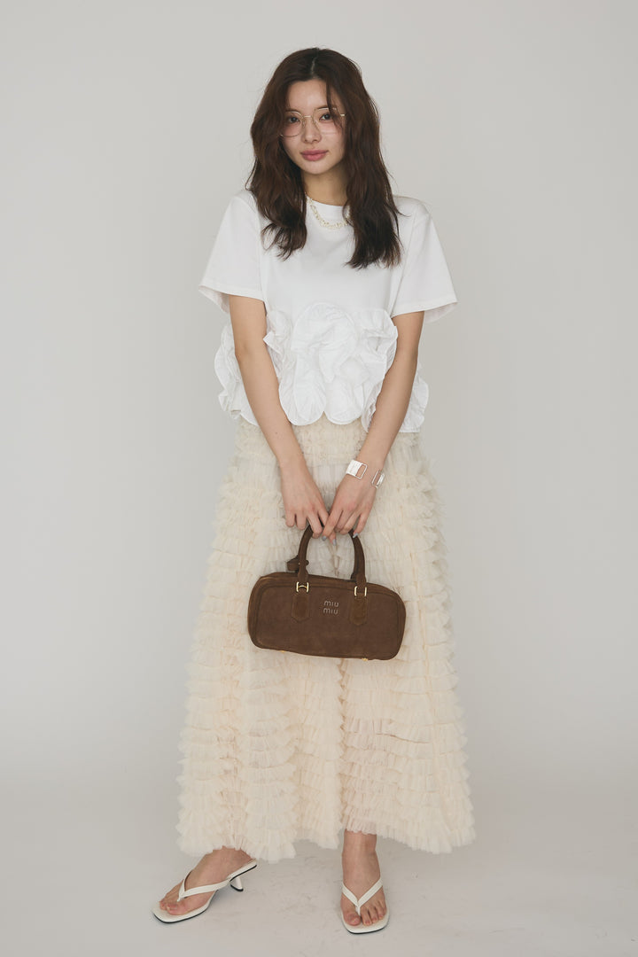 [予約/SET]フリルウェーブヘムカットTシャツ+ホイップチュールティアードスカート(2set)