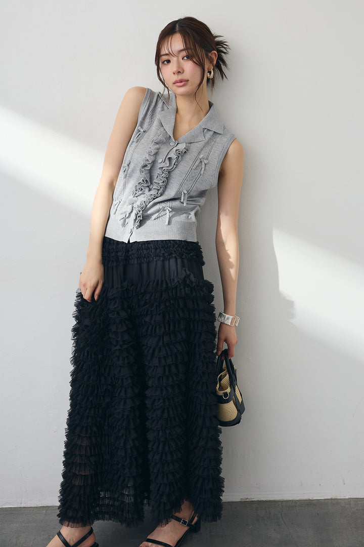 [予約/SET]フリルリボンニット襟トップス+ホイップチュールティアードスカート(2set)