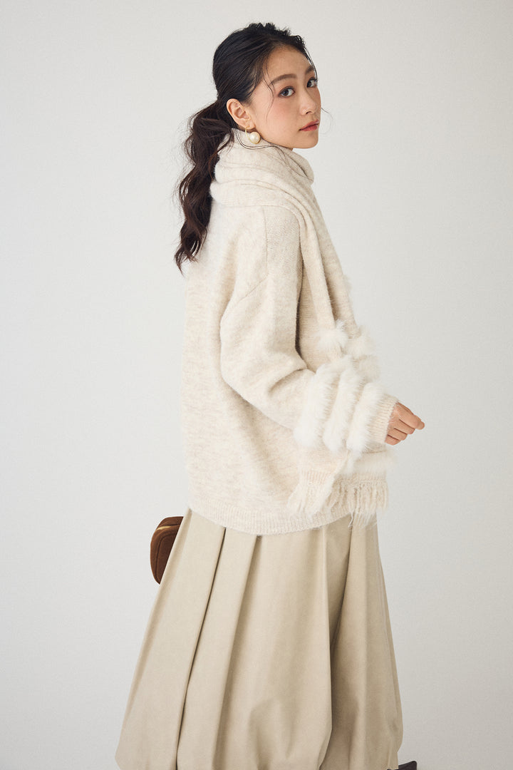 [予約/SET]マフラー付きファーラインデザインニットカーデ+レザーライクバルーンスカート(2set)