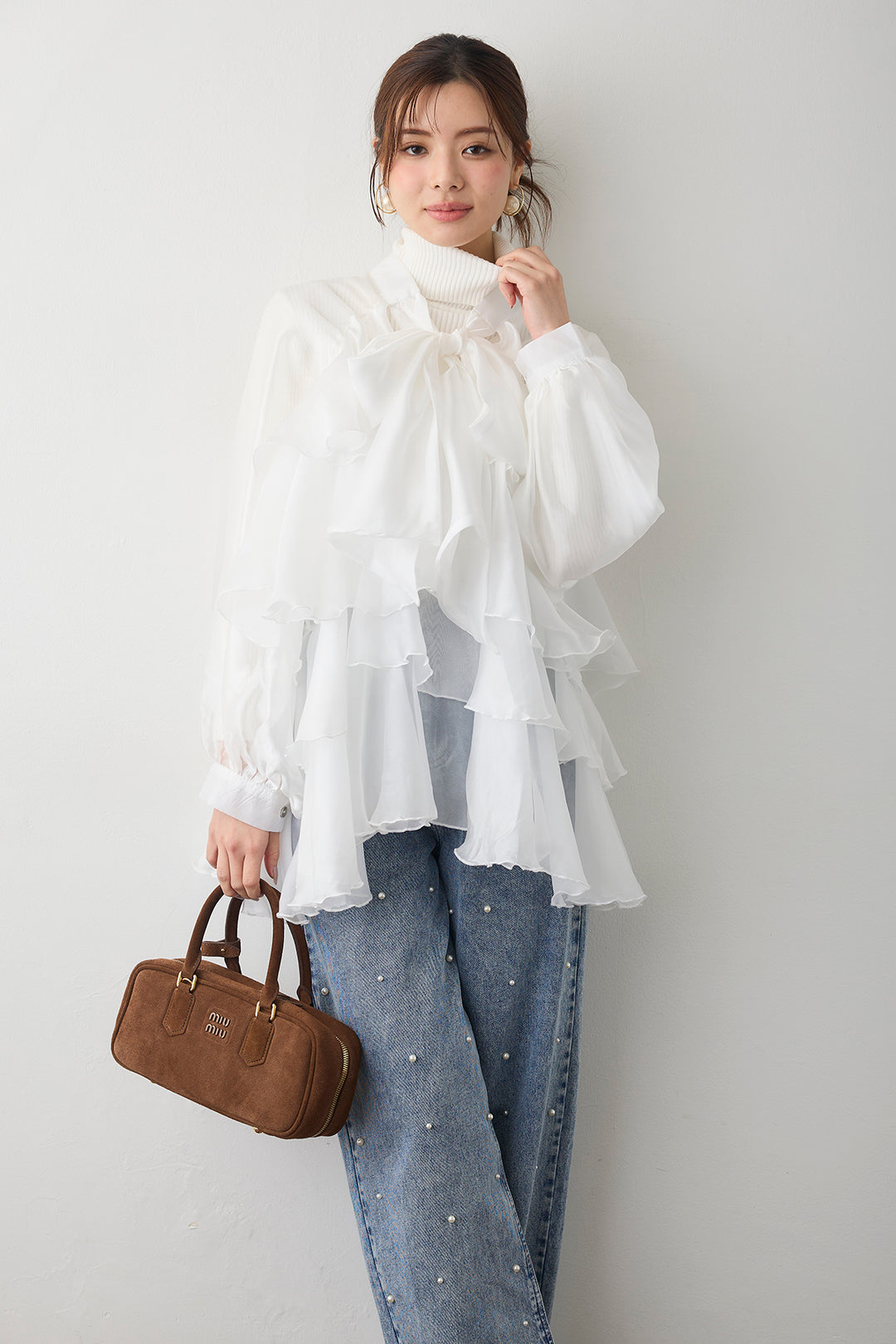 [予約/SET]フロントBIGリボンティアードエアリーチュニック+パールスタッズストレートハイウエストデニム(2set)