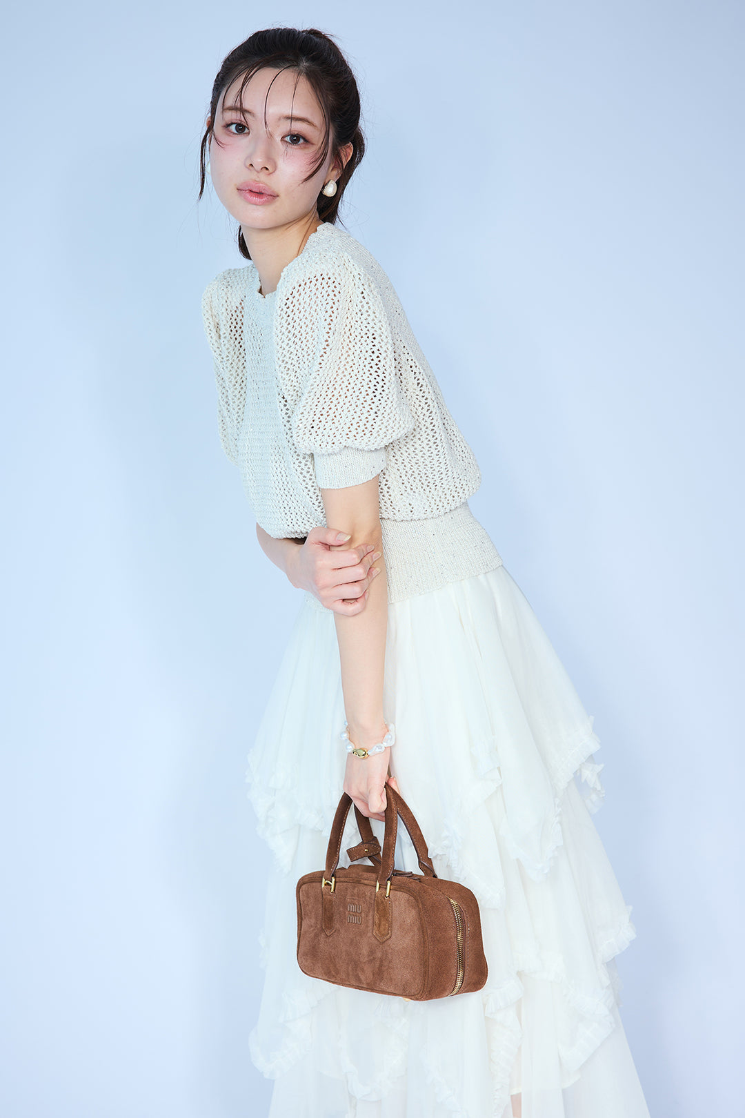 [予約/SET]ラメ混パフスリーブハーフスリーブニット+ムードチュールフリルスカート(2set)