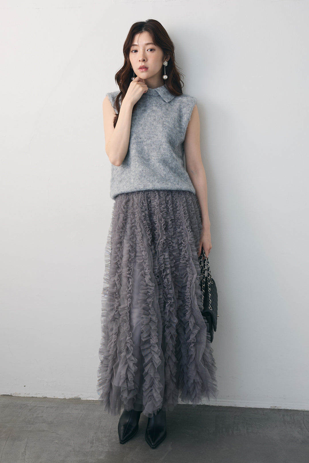 [予約/SET]モヘア起毛ポロベスト+バーチカルフリルチュールスカート(2set)