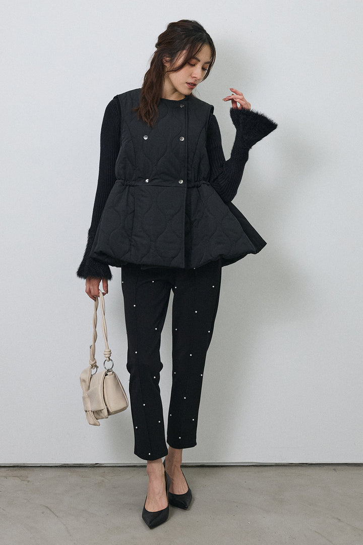 [予約/SET]フェザー切替スリーブフレアニット+キルティングフレアシルエットベスト+センターシームランダムパールパンツ(3set)