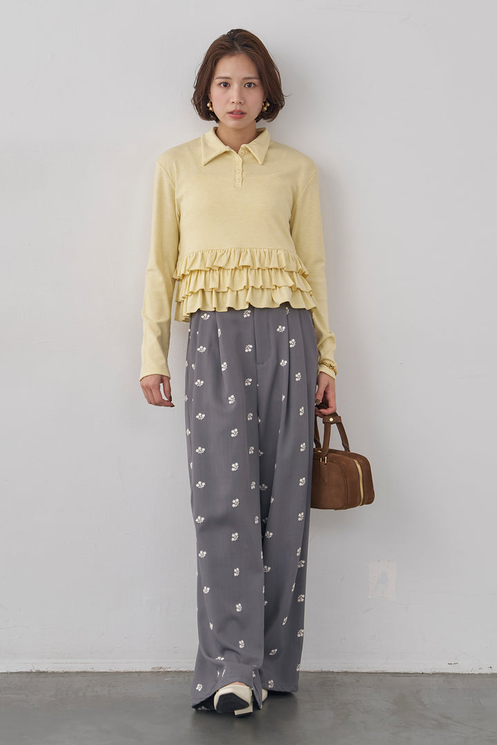 [予約/SET]フリルヘムポロカラープルオーバー+フラワー刺繍ツイルストレートパンツ(2set)