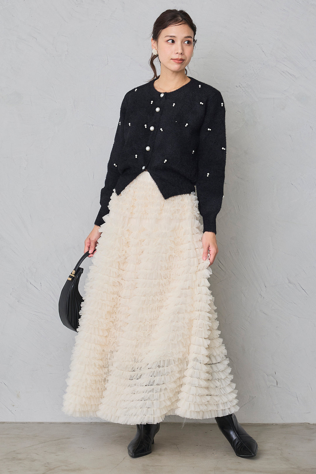 [予約/SET]ミックスパールシャギーコーディガン+ホイップチュールティアードスカート(2set)
