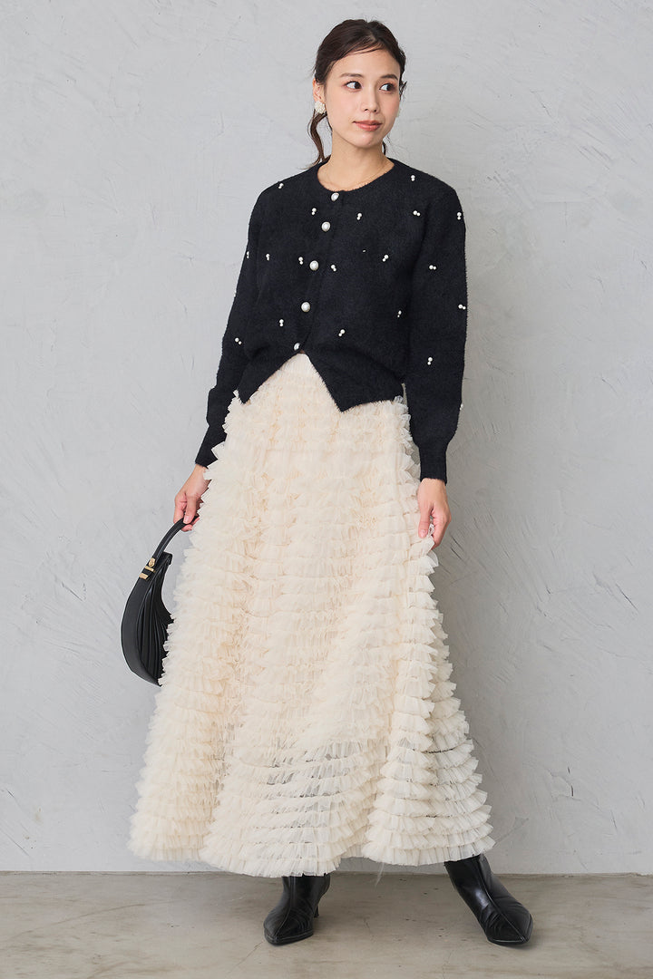 [予約/SET]ミックスパールシャギーコーディガン+ホイップチュールティアードスカート(2set)