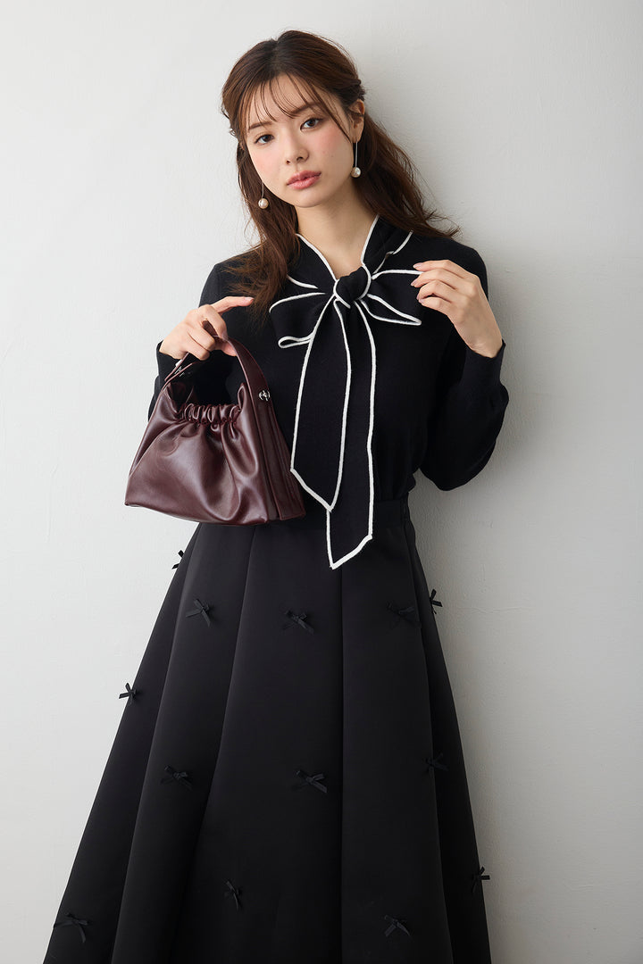 [予約/SET]配色ボウタイリボンニット+マルチパターンボンディングフレアスカート(2set)