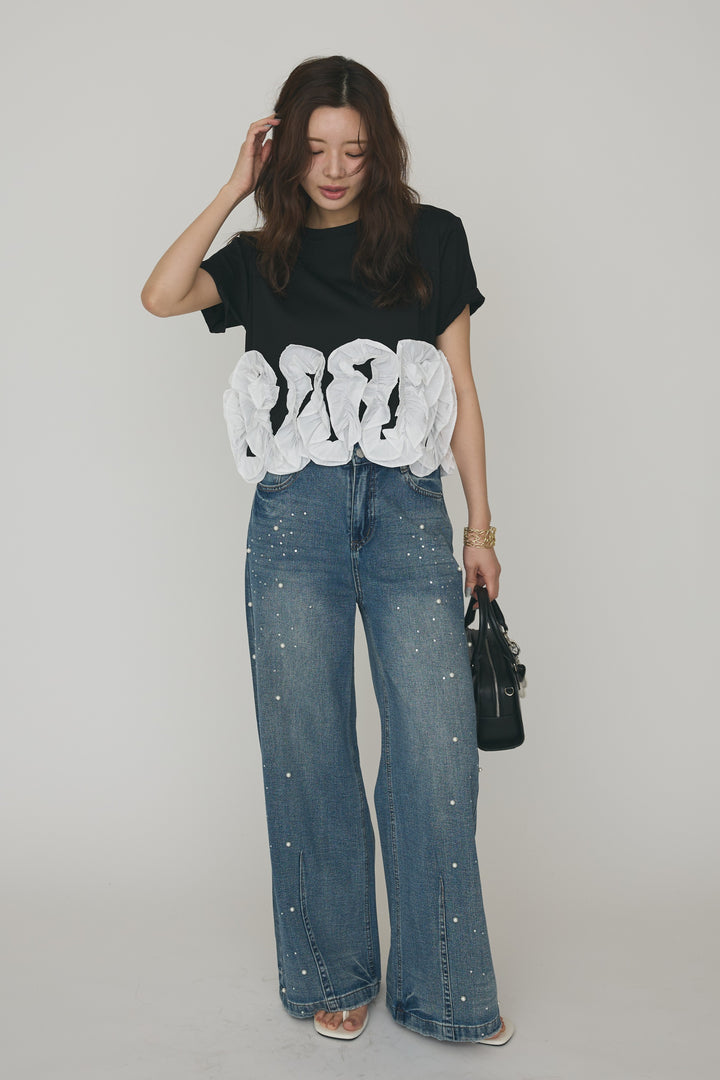 [予約/SET]フリルウェーブヘムカットTシャツ+パールラインストーンハイウエストデニム(2set)